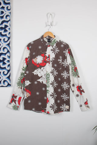 Santa motif patchwork multicolor upcycled long sleeve shirt