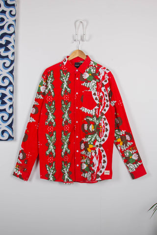 Festive cartoon red upcycled long sleeve shirt