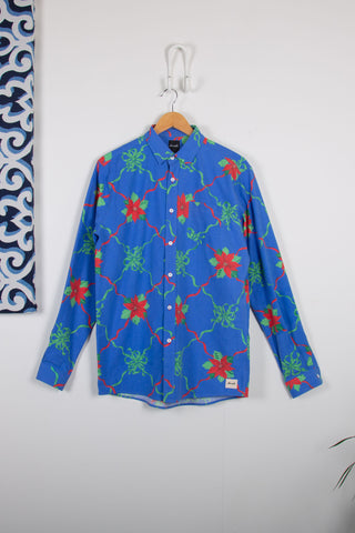 Floral lattice blue upcycled long sleeve shirt