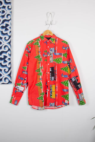 Cartoon train red upcycled long sleeve shirt