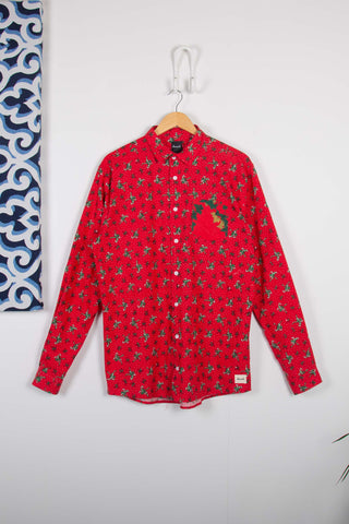 Festive floral red upcycled long sleeve shirt