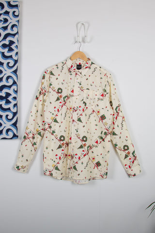 Festive cartoon beige upcycled long sleeve shirt