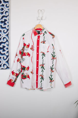 Festive cartoon white upcycled long sleeve shirt