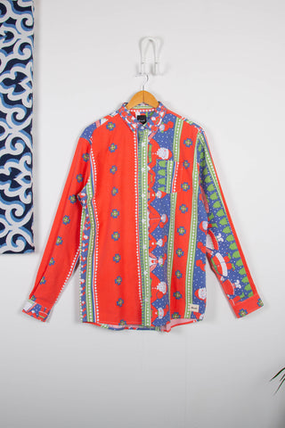 Festive Santa-print red upcycled long sleeve shirt