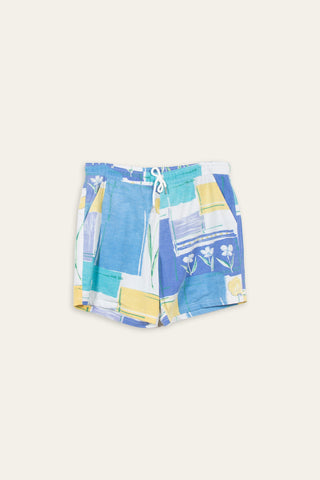 Vibrant blue patterned upcycled shorts