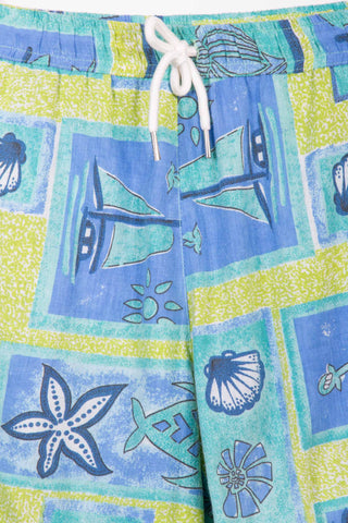 Bright blue patterned upcycled shorts