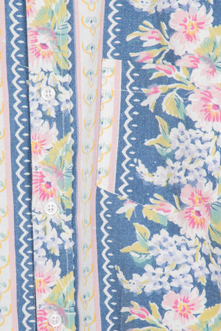 Mid-century floral blue upcycled shirt