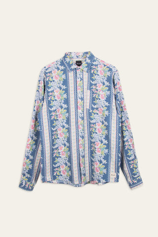 Mid-century floral blue upcycled shirt