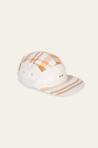 Plaid & striped beige upcycled 5-panel cap