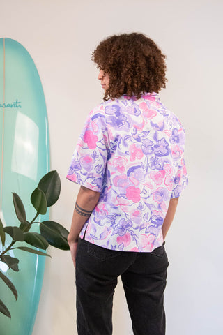 Purple flowers upcycled Bali shirt