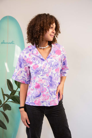 Purple flowers upcycled Bali shirt