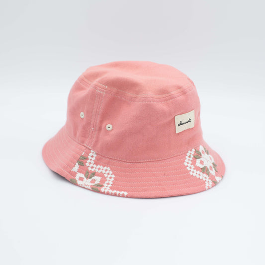Light red embro upcycled bucket hat
